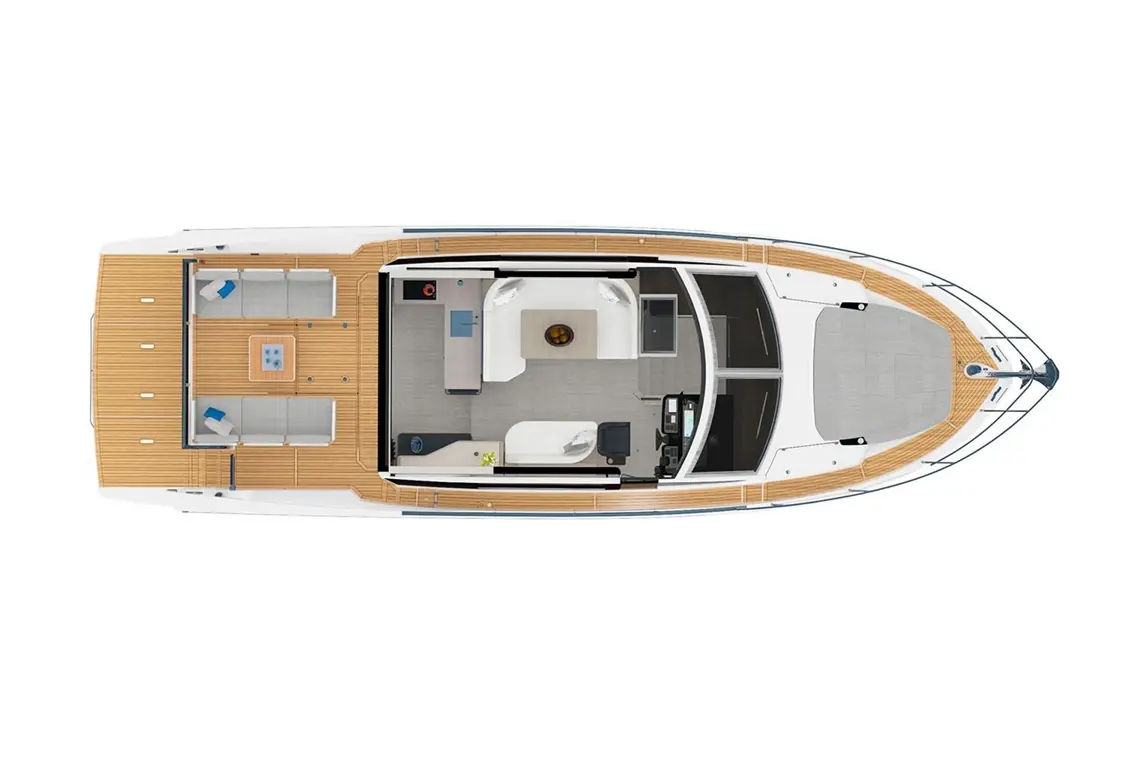Top view of a boat interior featuring seating areas, a kitchen, and helm, with wooden decking and modern furnishings.